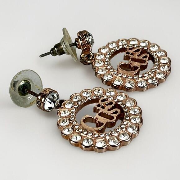GUESS Women Rose Gold Tone Round Crystals LOGO Design Earrings- Dangle Drop Pair - Picture 4 of 8